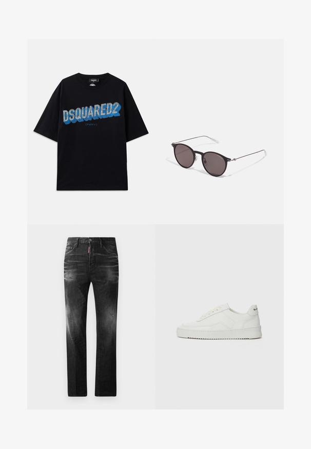Dsquared2 T-shirt print - black; Zwarte denim jeans met een rechte pasvorm. Beschikt over vervaagde gebieden, lichte slijtage, klassiek vijf-pocket ontwerp en een knoopsluiting.; Witte leren sneaker met een gladde afwerking, ronde neus, platte veters en een gestructureerde zool. Kenmerkt zich door een subtiel logo op de hiel.; Zwarte ronde zonnebril met donkere lenzen en slanke metalen armen. Inclusief heldere tempelpunten en zilveren accenten bij de scharnier. Minimalistisch ontwerp.