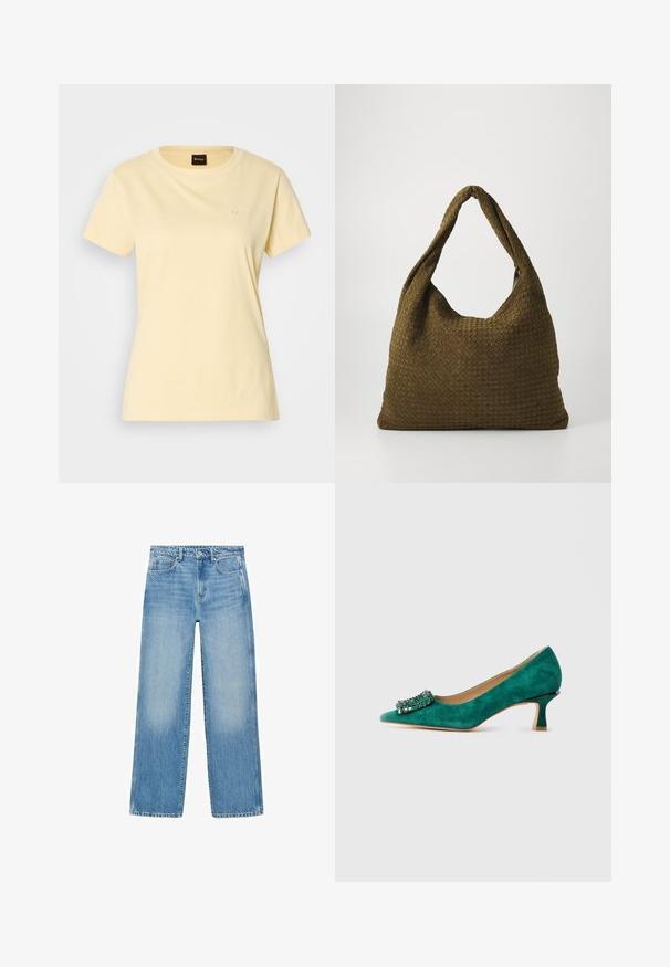 Rumena kratka majica s kratkimi rokavi iz bombaža, z okroglim izrezom, z majhnim vezenim logotipom na prsih. Gladka tekstura, standardna prileganje.; Svijetloplave traperice ravnog kroja, s dizajnom od pet džepova i suptilnim blijeđenjem. Imaju kopčanje na gumbe i patentni zatvarač u struku.; Zelena nubukova čevlja s kitten peto in koničastim nosom ter okrasno kamnitim sponko spredaj, prikazana v stranskem profilu na beli podlagi.; Tkaninska torba iz olivno zelene barve z prostornim, okroglim oblikovanjem in enim podolgovatim ročajem za nošenje. Teksturirana površina.