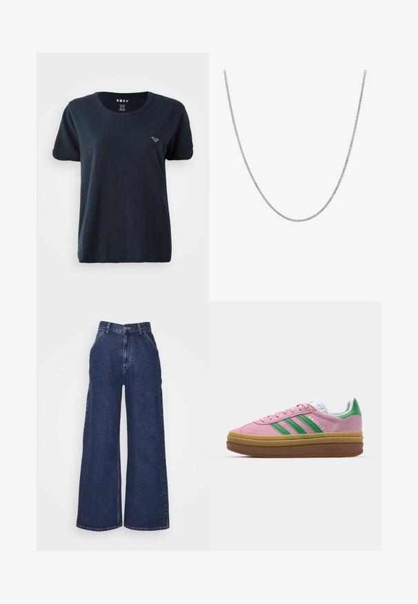 Granatowa koszulka z krótkim rękawem, wykonana z miękkiego materiału, z okrągłym dekoltem i małym logo po lewej stronie na piersi. Prosty i casualowy wzór.; Jeansy dżinsowe o szerokich nogawkach w ciemnoniebieskim kolorze, z wysokim stanem, przednimi kieszeniami oraz zamkiem błyskawicznym i metalowym guzikiem. Gładka tekstura i klasyczny krój.; Różowe zamszowe sneakersy z zielonymi paskami, białymi akcentami i brązową gumową podeszwą. Posiadają teksturowany materiał i detale logo po boku.; Srebrny naszyjnik z łańcuchem o gładkim, okrągłym, płaskim designie. Posiada błyszczące wykończenie i ma około 20 cali długości.