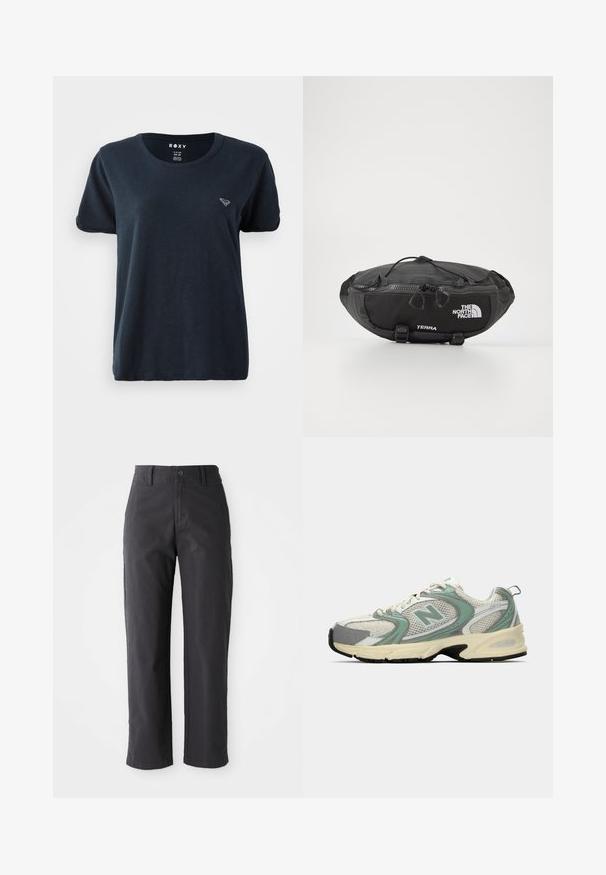 T-shirt a maniche corte di colore blu navy realizzato in tessuto morbido, con scollatura rotonda e un piccolo logo sul lato sinistro del petto. Design semplice e casual.; Pantaloni in cotone grigio scuro con design a gamba dritta, dotati di chiusura a bottone e tasche standard. Texture liscia e dettagli minimi.; Sneaker sportivo New Balance bianco e verde chiaro con tessuto in rete, suola beige e battistrada nero, mostrato di lato su uno sfondo neutro.; The North Face TERRA LUMBAR 3L UNISEX - Marsupio - asphalt grey/black