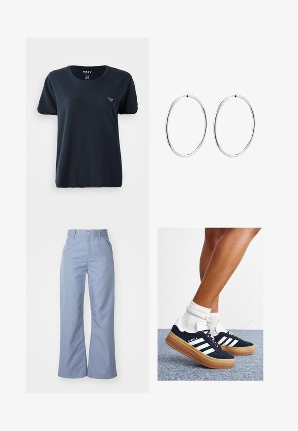 Tumši zils īsām piedurknēm T-krekls, kas izgatavots no mīksta auduma, ar apaļu kakla izgriezumu un nelielu logotipu kreisajā krūtī. Vienkāršs un ikdienišķs dizains.; Gai zils platas kāju bikses ar gludu kokvilnas maisījuma audumu, ar priekšējām kabatām un pogu aizdari jostasvietā.; Melnas zamšādas sporta kurpes ar baltām svītrām un akcentiem, apaļa purngala daļa, gumijas zole, kopā ar baltām ribotām sporta zeķēm.; Sudraba riņķa auskari ar gludu, pulētu apdari. Apaļa forma, vienāda platuma, izstrādāti vieglai aizdarei. Vienkārši un eleganti.