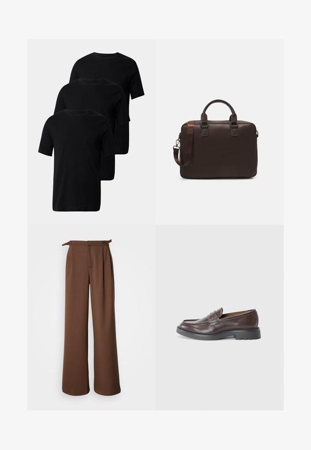 Trīs melni kokvilnas T-krekli ar īsām piedurknēm un apaļu kakla izgriezumu, kuriem ir gluda tekstūra un nav rotājumu.; Platas kāju bikses brūnā krāsā, izgatavotas no mīksta auduma. Tām ir augsta jostasvieta ar krokojumiem un sānu saitēm, nodrošinot brīvu piegriezumu un gludu tekstūru.; Brūni ādas mokasīni ar gludu virsmu, apaļu purngalu, minimālām šuvēm un biezām melnām gumijas zālēm. Nav redzamu aksesuāru vai apdares detaļu.; Brūna ādas portatīvo datoru soma ar teksturētu virsmu, divām augšējām rokturiem, regulējamu siksnu un diviem priekšējiem sprādzēm, lai pievienotu papildu detaļas.