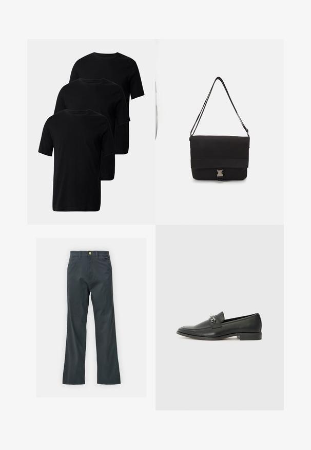 Three black cotton t-shirts with short sleeves and crew necklines, featuring a smooth texture and no embellishments.; Black pants with a straight leg cut, made from cotton blend fabric. Features a metal button closure and side pockets. No visible patterns.; Black leather loafer with a smooth finish, featuring a stitched design and a decorative metal chain accent across the vamp. Flat heel.; Black messenger bag made of smooth material, featuring a fold-over flap, silver clasp hardware, and an adjustable shoulder strap.