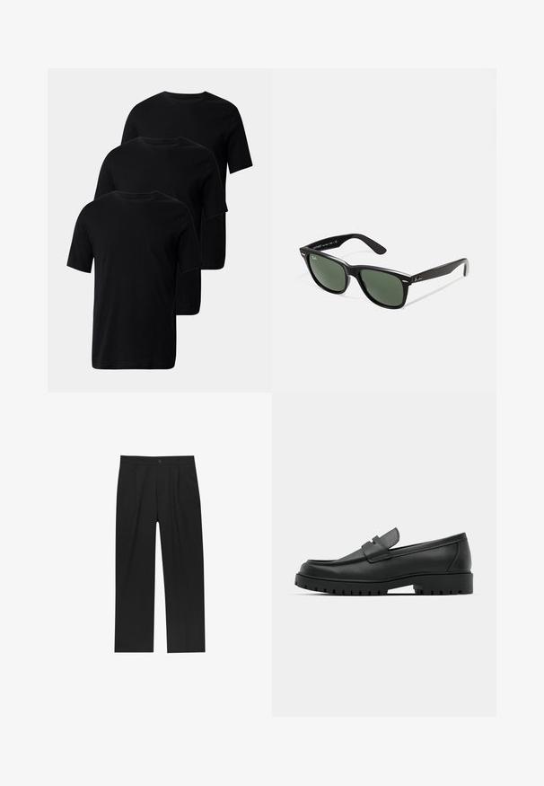 Tre t-shirt nere in cotone con maniche corte e colletto rotondo, caratterizzate da una consistenza morbida e senza decorazioni.; Pantaloni neri con un design a gamba dritta, realizzati in un tessuto liscio. Presentano pieghe frontali e una chiusura a un bottone in vita.; Mocassini in pelle nera con punta rotonda, caratterizzati da un design cucito, suola piatta bassa e un battistrada in gomma testurizzata e scolpita.; Occhiali da sole in plastica nera con lenti verdi, montatura quadrata, dettaglio argento sulla parte superiore e steli con texture. Marchio indicato sulla parte interna dello stelo.