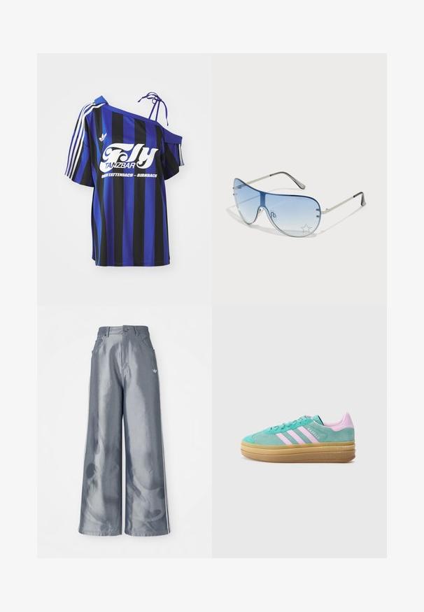 Modra in črna črtasta oversized srajca z enim naramnim dizajnom, ki vsebuje bel tiskano besedilo in tri bele črte na rokavu.; Hlače širokega kroja iz sijočega sivega materiala, z belimi bočnimi črtami in vzorcem ognjene na spodnjem delu nogavic. Zapenjanje z gumbom in zadrgo v predelu pasu.; adidas Originals GAZELLE BOLD - Športni copati - powder teal/bliss lilac/pure teal; Pilotne sončne očala z gradijentnimi modrimi lečami, srebrnim kovinskim okvirjem in okrasnimi zvezdastimi detajli na lečah. Gladek in eleganten dizajn.