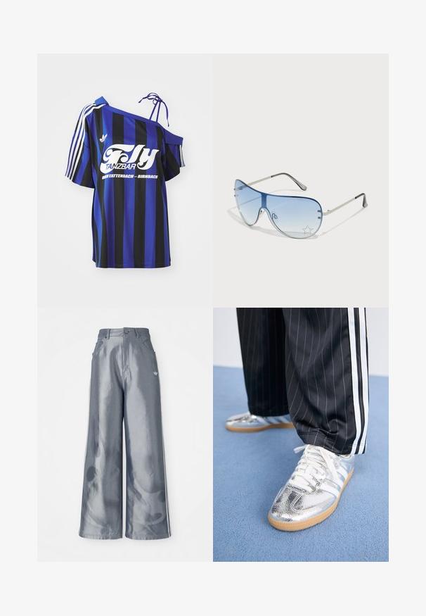 Modrá a černá pruhovaná oversized košile s jedním ramínkem, která má bíle potištěný text a tři bílé pruhy na rukávu.; Kalhoty s širokými nohavicemi z lesklého šedého materiálu, se bílými bočními pruhy a plamenným vzorem na spodní části nohavic. Zapínání na knoflík a zip v pase.; Metalické stříbrné tenisky s bílými tkaničkami a třemi bílými pruhy, doplněné černými kalhotami s tenkým proužkem. Gumová podrážka na spodní straně.; Pilotské sluneční brýle s modrými gradientními skly, stříbrným kovovým rámem a dekorativními hvězdnými akcenty na sklech. Hladký a elegantní design.