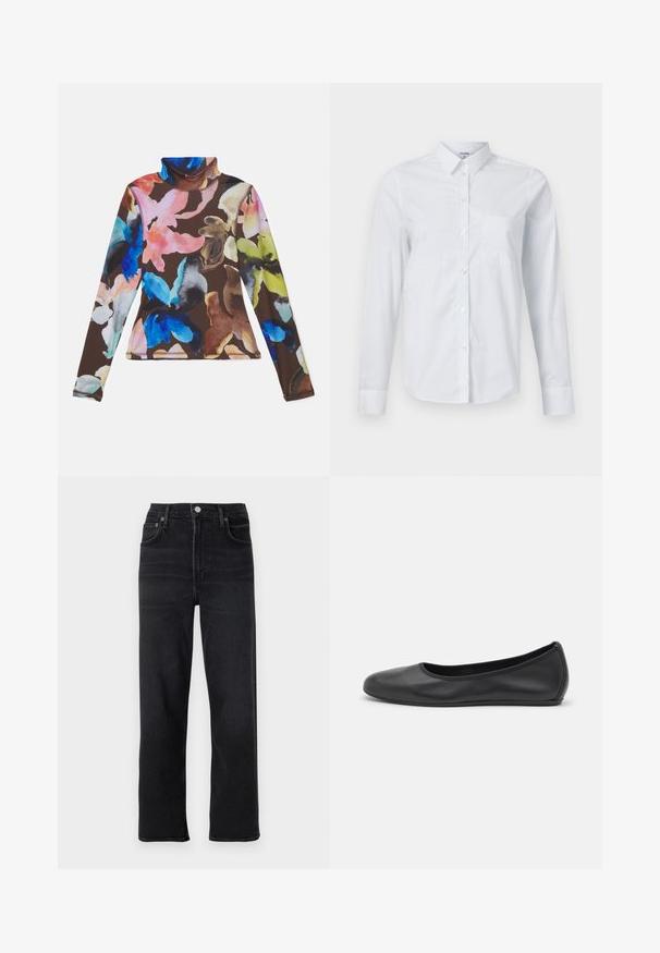 Stine Goya HIGH NECK COLLARED - Hosszú ujjú felső - mehrfarbig; Fehér, hosszú ujjú ing, amely pamutból készült. Gombos elülső rész, hegyes gallér és egy mellzseb a bal oldalon.; Fekete egyenes lábú farmernadrág. Öt zsebből, gombos és cipzáros öltöztetésből, valamint diszkrét varrási részletekből áll.; Fekete bőr balettcipő lekerekített orral, sima tekstúrával, minimális varrással és rugalmas talp kialakítással.