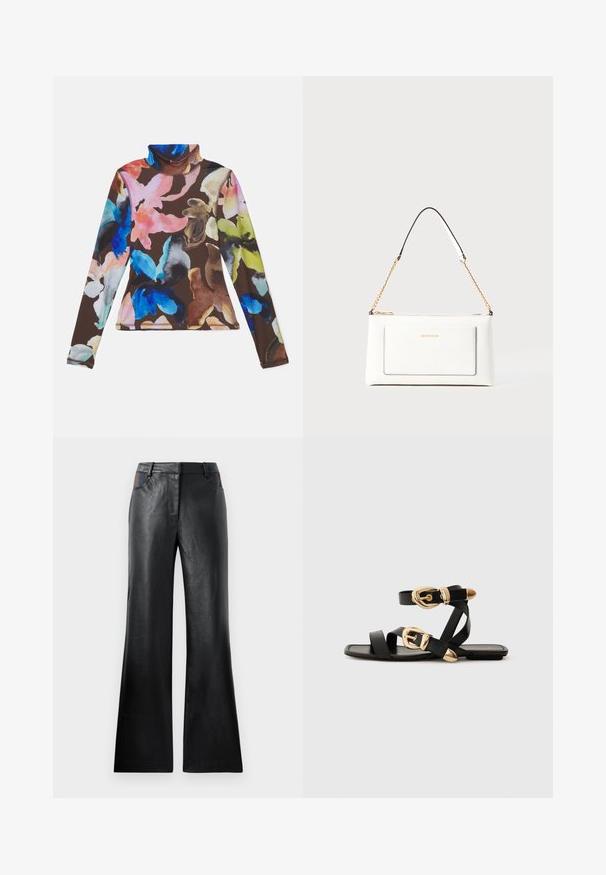 Stine Goya HIGH NECK COLLARED - Majica z dolgimi rokavi - mehrfarbig; Črne usnjene flare hlače z gladko teksturo, ki imajo dve sprednji žepu s črnimi in rjavimi poudarki blizu pasu.; Črne usnjene sandale z zlatimi zaponkami, ki imajo več trakov in ravno podplati za nošenje brez prstov.; Bela usnjena torbica z teksturirano površino, ki vključuje zlat pas in črne detajle. Ima sprednji žep in zadrgo.