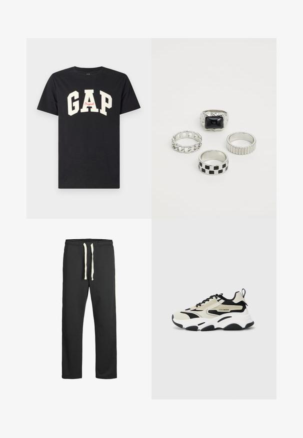 Črna bombažna majica s poudarjenimi belimi črkami, ki tvorijo "GAP", in besedo "Original" v rdeči pod njo. Klasičen kroj z okroglim izrezom.; Črne trenirke iz mehkega blaga, z vrvico v pasu in belimi stranskimi črtami poznotraj šivov. Gladka tekstura skozi celotno oblačilo.; Debeli copati z bež in črnim mrežastim zgornjim delom, belim podplatom, črnim gumijastim podplatom in logotipom na strani.; Komplet štirih prstanov: en ima črno pravokotno kamen, trije so kovinski z teksturami, vključno s povezovalnim vzorcem, rebrastim in šahovskim vzorcem.