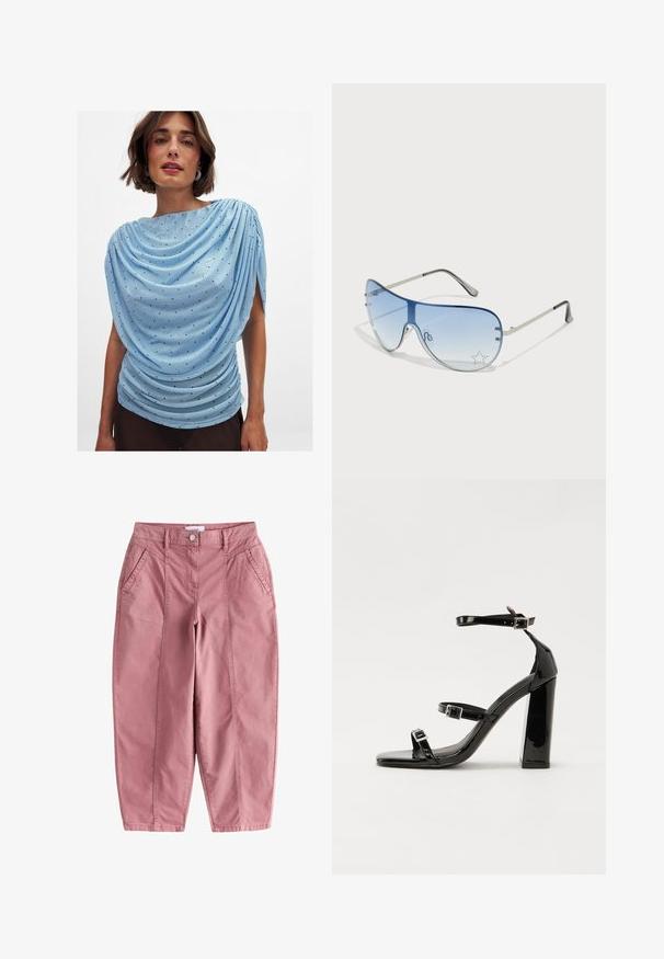 Gaiši zila krekls ar drapējuma dizainu, teksturētu audumu un maziem tumšiem punktiņiem; jānāk ar sānu krokām un asimetrisku kakla izgriezumu.; Rozā kokvilnas bikses ar augstu jostasvietu, priekšējām kabatām un sašaurinātiem garumiem. Iezīmē redzamās šuves un pogu aizdari jostasvietā.; Melnas lakotas augstpapēžu čības ar kvadrāta purngalu, potīšu siksniņām un sudraba sprādzēm. Aprīkotas ar masīvu bloku papēdi stabilitātei.; Pilotstila saulesbrilles ar gradienta zilām lēcām, sudraba metāla rāmjiem un dekoratīvām zvaigžņu akcentiem uz lēcām. Gluda un eleganta dizaina.