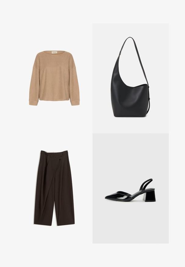 Beige long-sleeve top with a wide rounded neckline, loose fit, and ribbed cuffs. Soft texture and minimal stitching details. Brand label at neckline.; Dark brown wide-leg trousers with a high waist, featuring a single button closure and a pleated front. Made from lightweight fabric.; Black patent leather slingback heels with a pointed toe and a geometric block heel. Features a sleek, minimal design and smooth texture.; Black leather hobo bag with a smooth texture, curved shape, and single adjustable strap; features a wide opening at the top.