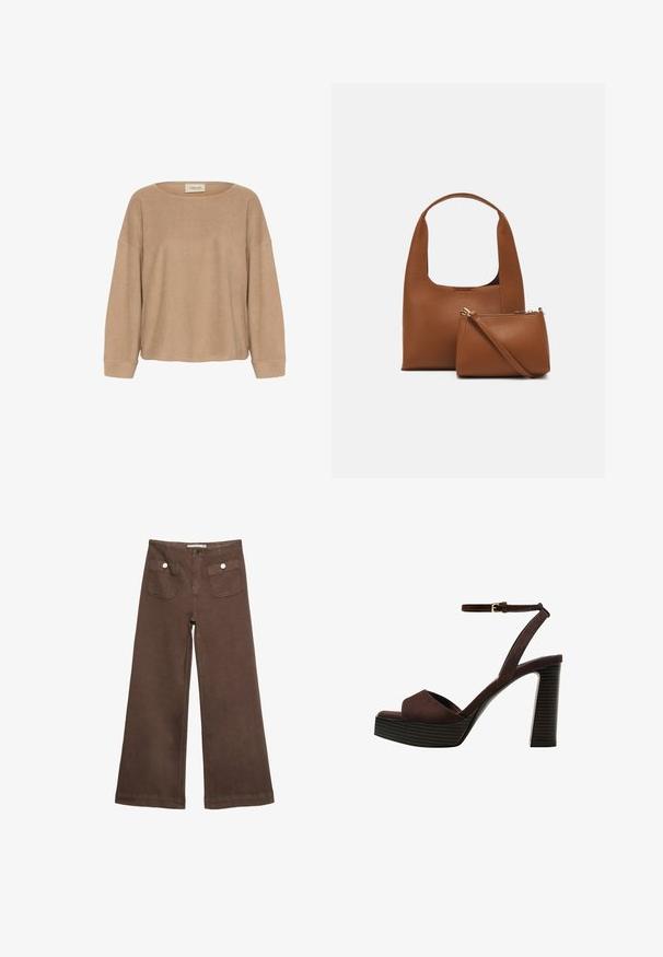 Beige long-sleeve top with a wide rounded neckline, loose fit, and ribbed cuffs. Soft texture and minimal stitching details. Brand label at neckline.; Brown wide-leg trousers made of cotton, featuring two front pockets with silver buttons, and a smooth texture.; Brown suede high-heeled sandal with an open toe, adjustable ankle strap, and a striped platform sole.; Brown synthetic handbag with a curved handle and a smooth texture. Includes a matching small pouch with a zipper. Minimalist design.