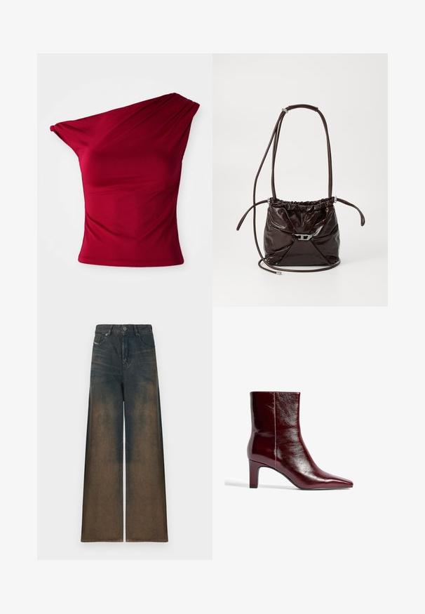 Burgundi ühe õlavarrega topp, valmistatud elastsetest materjalidest, kujunduses on voolavad detailid ja kitsas siluett, sujuva ja õmbluseta servaga.; Laiad säärega teksad tumesinisest denimist, millel on gradient fade tumepruunist heledaks, klassikalise viie taskuga disain ja metallist nööpsulgur.; Burgundi värvi nahast pallapüksid terava ninaga, sujuva disainiga ja keskmise plokk-kontsaga. Sile tekstuur ja minimaalne õmbluste detail.; Tumepruun läikiv nahast õlakott, millel on volditud ülaosa ja õhuke reguleeritav rihm, esipaneelil on väike hõbedane lukudetail.