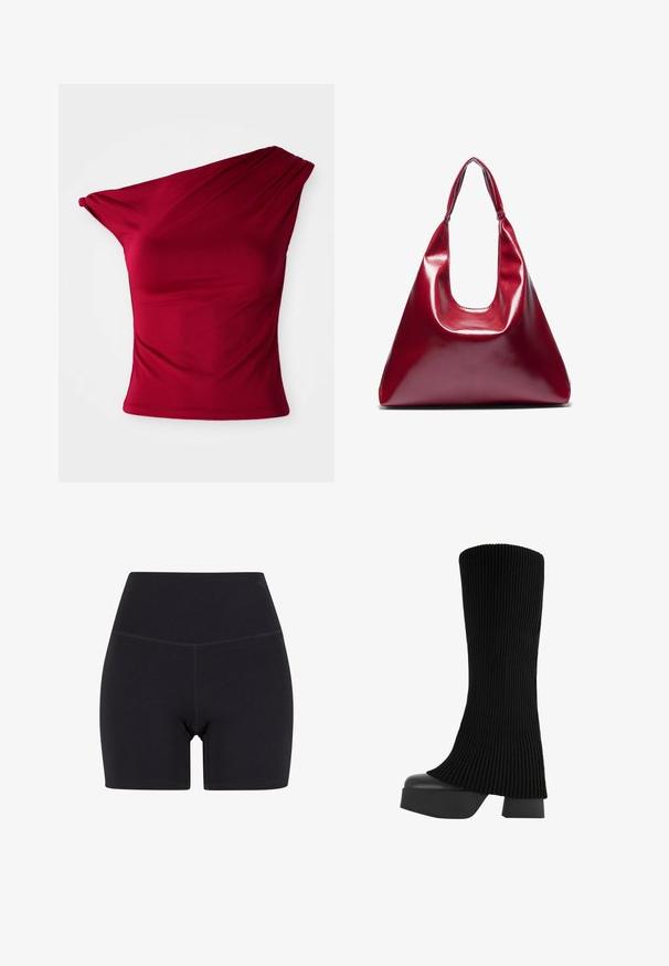Burgundin yksi olka -paita, joka on valmistettu joustavasta kankaasta. Siinä on laskostettua yksityiskohtaa ja istuva siluetti, sekä sileä ja saumatonta helmaa.; Mustat korkeavyötäröiset shortsit, jotka on valmistettu joustavasta kankaasta. Ominaisuuksiin kuuluvat joustava vyötärö, sileä pinta ja polven ylle ulottuva pituus saumatonta muotoilua.; Musta polvipitkä saapas, jossa on ribbikuvioitu kangasosa, paksu alusta ja blokki korko, joka on varustettu sileällä pinnalla ja tyylikkäällä, modernilla muotoilulla.; Punainen kiiltävä nahkakäsilaukku, jossa on kolmiomainen muoto, leveä yläaukko ja yksi kaareva kahva. Tasainen pinta, jossa on minimaalinen ommeltyyli.