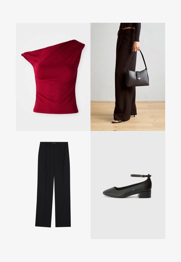 Burgunderfarget topp med én skulder laget av elastisk stoff, med drapert detaljer og en tett silhuett, samt en glatt, sømløs kant.; Sorte bukser med rette ben, som har to frontlommer og en talje. Laget av et glatt, lett stoff.; Sorte skinnpumper med spiss tå og lav blokkhelt. Har ankelrem med gullfarget spenne. Glatt tekstur.; Svart håndveske med strukturert form, jevn tekstur og metallisk lås. Kombinert med brede svarte bukser og sandaler med åpen tå på tregulv.