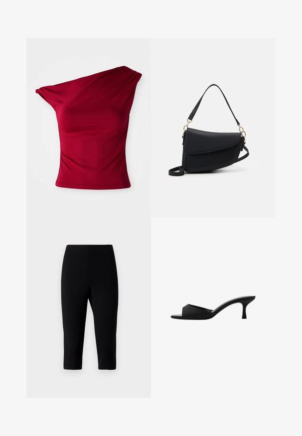 Bordeauxfarbene Top mit einem Schulterträger aus elastischem Material, mit drapierten Details und einer figurbetonten Silhouette, ergänzt durch einen glatten, nahtlosen Saum.; Schwarze Caprihosen aus dehnbarem Material, mit einem figurbetonten Design, das knapp unter dem Knie endet, einer glatten Textur und ohne sichtbare Nähte.; Schwarze Absatzmules mit einer breiten, offenen Zehenpartie und einem geschwungenen Oberteil. Hergestellt aus strukturiertem Stoff, mit einem schlanken Absatz und einer glatten Sohle.; Schwarze Lederhandtasche mit strukturiertem Finish, ausgestattet mit einem einzelnen Schulterriemen und goldenen Hardware-Details. Das Design ist schlank und minimalistisch.