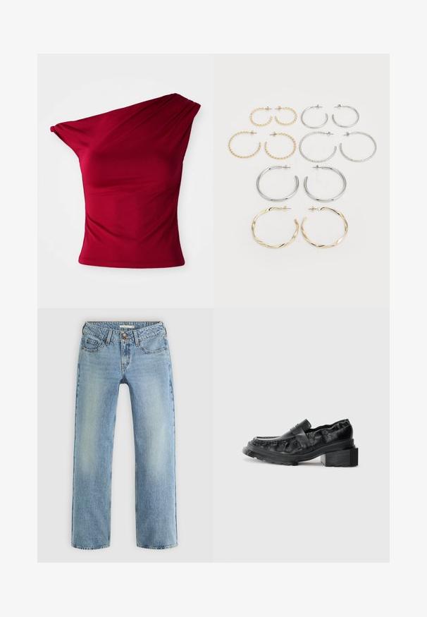 Bordeaux één-schoudertop van elastische stof, met gedrapeerde details en een aangesloten silhouet, voorzien van een gladde, naadloze zoom.; Lichtblauwe rechte jeans van denim, met een knoopsluiting, vijf zakken en subtiele vervaging langs de benen.; Zwarte leren instappers met een gestructureerde zool, voorzien van een iets verhoogde blokhak en een textuur bovenkant, bevestigd met een voorkantriem.; Set van twaalf creolen in zilver- en goudernormen. Bevat gedraaide, gladde en textuurontwerpen in verschillende maten en afwerkingen.