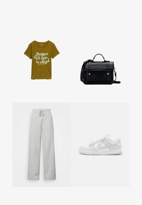 Oliven grøn bomulds T-shirt med rund halsudskæring, korte ærmer og blomster grafisk design. Teksten lyder "Det bedste er endnu ikke kommet."; Grå sweatpants med elastisk talje, snor detaljer og et lille hvidt Nike-logo på venstre lår. Blødt stof, løs pasform.; Hvide lædersneakers med grå detaljer, perforeret tå, flade snørebånd, polstret krave og en struktureret gummisål.; Sort læder crossover taske med struktureret design, topgreb, justerbar rem, frontklap og metalaccenter. Har branding på fronten.