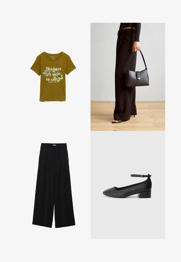 Olīvu zaļš kokvilnas T-krekls ar apaļu kakla izgriezumu, īsām piedurknēm un ziedu grafiku. Uz tā ir teksts "Labākais vēl priekšā."; Melni platleņķa bikses ar teksturētu audumu, elastīgu jostu un noņemamu siksnu viduklī, kas nodrošina regulējamu piegulšanu.; Melnas ādas sūkņi ar smailu purngalu un zemu bloku papēdi. Iezīmēts ar potītes siksniņu ar zelta krāsas sprādzi. Gluda tekstūra.; Melnā somiņa ar strukturētu formu, gludu tekstūru un metālu sprādzi. Saskaņota ar platām melnām biksēm un sandālēm ar atvērtu purngalu uz koka grīdas.