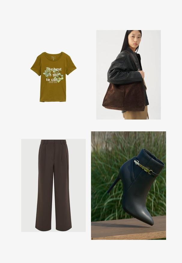 Olive zelené bavlnené tričko s okrúhlym výstrihom, krátkymi rukávmi a kvetinovým grafickým dizajnom. Text znie: "To najlepšie ešte len príde."; Hnedé nohavice s širokými nohavicami vyrobené z hladkej látky. Obsahujú plisovanie vpredu a upravený pás s pútkami na opasok pre nastavenie.; Čierna členková topánka na vysokom podpätku s špicatou špičkou a zlatou prackou, vystavená na drevenom povrchu s pozadím zeleného lístia.; Hnedá semišová taška cez rameno s širokým tvarom a mäkkou textúrou, s jedným popruhom a minimálnym kovovým doplnkom na neutrálnom pozadí.