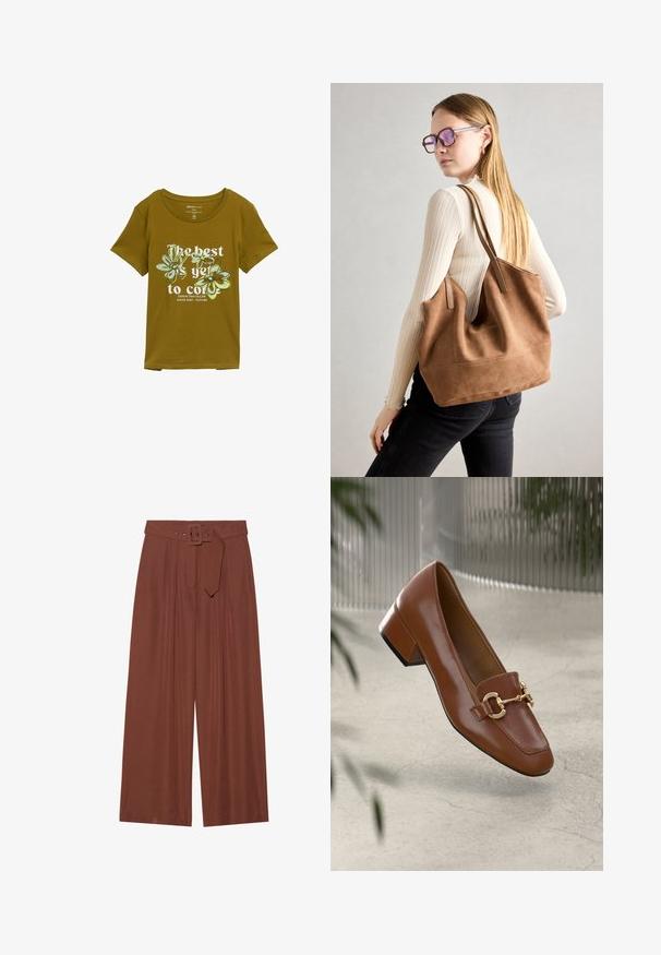 Olīvu zaļš kokvilnas T-krekls ar apaļu kakla izgriezumu, īsām piedurknēm un ziedu grafiku. Uz tā ir teksts "Labākais vēl priekšā."; Platas kājas bikses brūnā audumā, ar jostu ar kvadrāta sprādzi, plišu dizainu un gludu tekstūru.; Brūni lakoti ādas loaferi ar kvadrātu purngalu, metālisku ķēdes akcentu un zemu blokveida papēdi; gluda tekstūra, minimālisma dizains.; Burgundijas zamšs tote soma ar mīkstu tekstūru, plašu atveri un garām siksnām. Iezīmē vienkāršu dizainu ar redzamām šuvēm un bez aparatūras.
