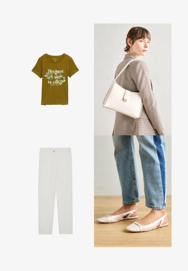 Tricou din bumbac de culoare verde oliv, cu guler rotund, mâneci scurte și un design grafic floral. Textul spune "Cele mai bune momente sunt pe cale să vină."; Pantaloni albi, croiți, cu un design drept al piciorului, având sistem de închidere cu nasture, bucle pentru curea și buzunare laterale; textură de țesătură netedă.; Sandalete plate de un roz pal cu vârf ascuțit, realizate dintr-un material asemănător pielii, neted. Prezintă detalii decupate pe laterale și un toc plat.; Geantă de mână din piele albă cu un design structurat, având o închidere magnetică și un breteau, expusă pe un fundal neutru.