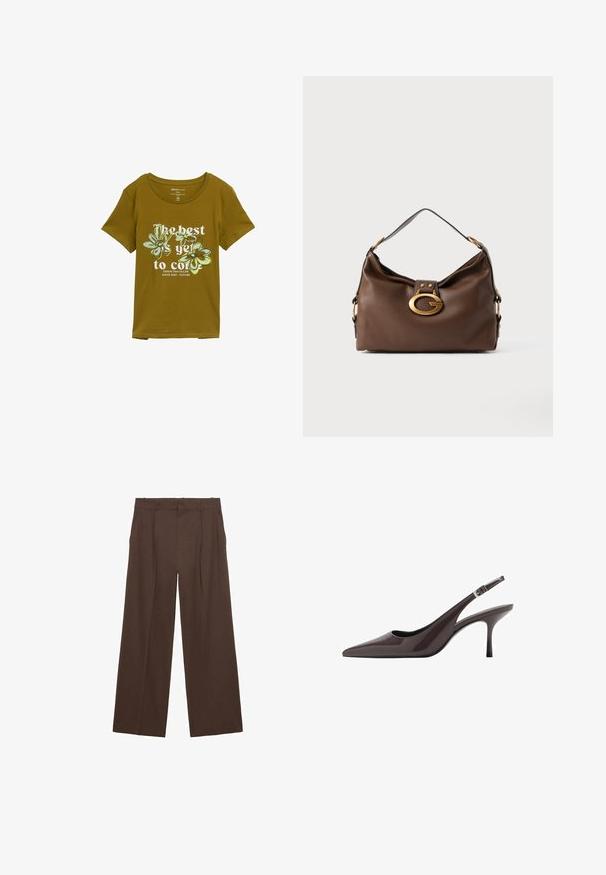Olive zelené bavlnené tričko s okrúhlym výstrihom, krátkymi rukávmi a kvetinovým grafickým dizajnom. Text znie: "To najlepšie ešte len príde."; Hnedé široké nohavice vyrobené z hladkej látky, s vysokým pásom, prednými záhybmi a dvoma bočnými vreckami.; Sandalové topánky s špicatou špičkou v tmavo hnedých patentovaných kožách, vybavené štíhlym vysokým opätkom a nastaviteľným členkovým remienkom so sponou.; Hnedá kožená kabelka s textúrovaným povrchom, so zlatým kovovým zapínaním a jedným zakriveným ramenným popruhom.