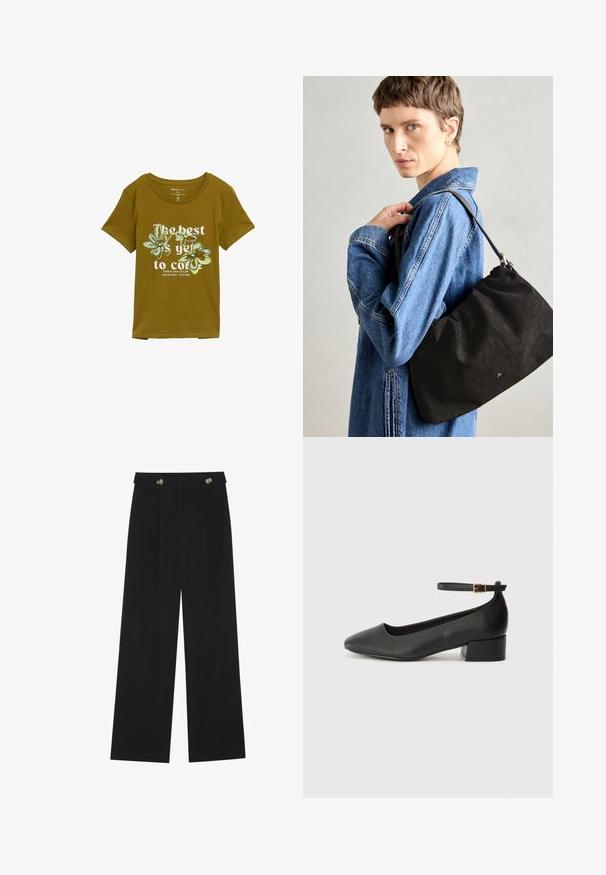 Camiseta de algodón verde oliva con cuello redondo, mangas cortas y diseño gráfico floral. El texto dice "Lo mejor está por venir."; Pantalones de pierna ancha negros con cintura alta, detalles de botones en la cinturilla y pliegues en la parte delantera.; Zapato de tacón negro de cuero con punta afilada y tacón bajo cuadrado. Presenta una correa para el tobillo con una hebilla en tono dorado. Textura suave.; Bolso de ante negro con una forma suave y estructurada, que presenta una correa de cuero delgada y un sutil logotipo de la marca. El modelo lleva una chaqueta de denim.