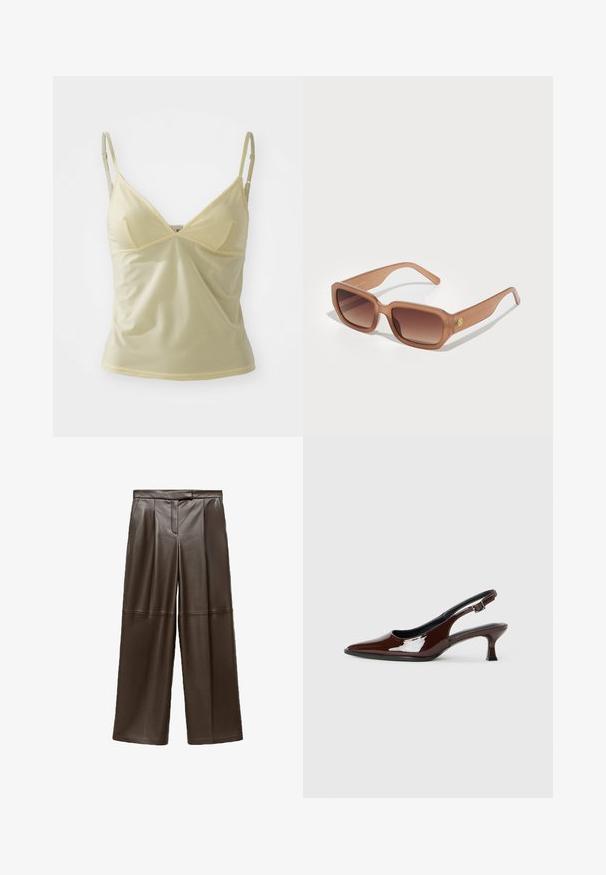 Light yellow camisole with adjustable straps, v-neckline, and soft, smooth fabric. Features lace trim along the neckline and armholes.; Brown leather wide-leg pants with a smooth texture, featuring pleats at the front and a classic waistband design.; Brown patent leather slingback shoe with a pointed toe and a moderate heel. Features a buckle strap for secure fit. Smooth texture.; Brown rectangular sunglasses with gradient lenses, thick frames, and a logo detail on the side. Smooth plastic material, minimal design.; Brown leather crossbody bag with a curved shape, gold hardware, and a buckle accent. Features a detachable shoulder strap.