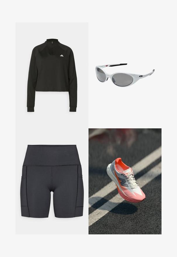 Zwarte quarter-zip pullover van gladde stof met lange mouwen, voorzien van een hoge kraag en een wit logo op de linkerborst.; Zwarte high-waisted shorts van rekbaar materiaal, met zijzakken, platte naden en een gladde textuur voor comfort tijdens activiteiten.; Hardloopschoenen met een witte en roze bovenkant, voorzien van een mesh-textuur, reflecterende accenten en een gewatteerde zool. Lichtgewicht ontwerp voor optimale prestaties.; Witte kunststof zonnebril met grote ovale lenzen, grijs getint. Voorzien van zwarte oorsteunen en een klein logo op het montuur. Gladde afwerking.