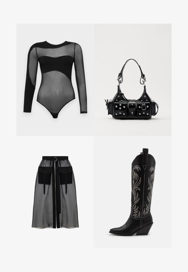 Černý body s dlouhými síťovinovými rukávy a pevným výstřihem. Design zahrnuje přiléhavý, průhledný materiál se svorkovými uzávěry na spodní části.; Černá průhledná sukně s nařaseným pasem, která má dvě velké přední kapsy, páskový uzávěr a kulatý kovový akcent.; Černé kožené kovbojské boty s špičatými špičkami, podpatky ve tvaru klínu a stříbrně vyšívanými květinovými vzory po celé délce. Kontrastní prošívání po celém obvodu.; Černá kožená kabelka s křivkovým designem, zdobená stříbrnými hřebíky, s přezkou a dvěma bočními kapsami. Nastavitelný popruh pro různé možnosti nošení.