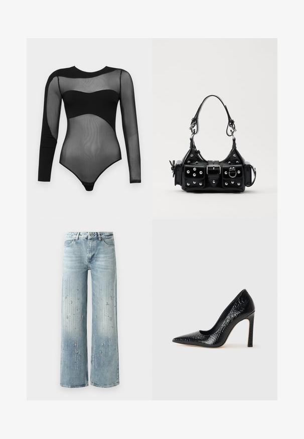 Juodas bodis su ilgomis tinklelio rankovėmis ir tvirtu iškirpimu. Dizainas apima priglundantį, permatomo audinio tekstūrą su snapelių uždarymu apačioje.; Šviesiai mėlynos plačios kojų džinsai, pagaminti iš denimo, su gradientiniu spalvų efektu ir sidabro spalvos cirkoniais vertikaliu raštu.; Juoda smailiakulnė aukšto kulno bateliai su krokodilo odos tekstūra, pasižymintys elegantišku dizainu, aukštu stiletu kulnu ir lygia juoda vidine dalimi.; Juodas odinis rankinukas su kreiviu dizainu, su sidabro spalvos knopkėmis, užsegimu ir dviem šoninėmis kišenėmis. Reguliuojama dirželis nešimui.