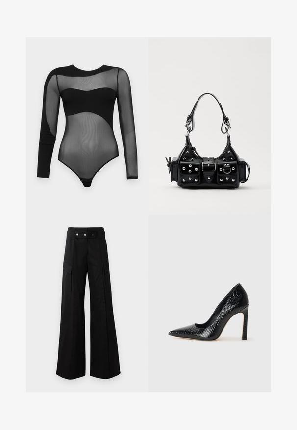 Black bodysuit featuring long mesh sleeves and a solid neckline. The design includes a fitted, sheer texture with snap closures at the bottom.; Black wide-leg pants with a high waistband, featuring large side pockets, two front buttons, and a loop detail. Made from sturdy fabric.; Black pointed-toe high heel shoe with a crocodile-skin texture, featuring a sleek design, high stiletto heel, and smooth black interior.; Black leather handbag with a curved design, featuring silver studs, a buckle, and two side pockets. Adjustable strap for carrying options.
