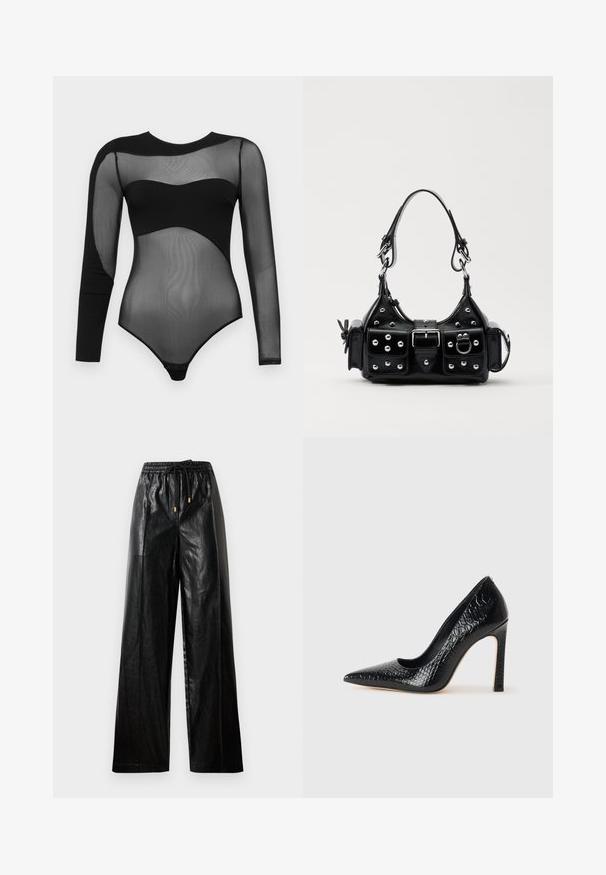Črn bodi z dolgimi mrežastimi rokavi in trdnim ovratnikom. Oblikovanje vključuje prilegajočo se, prosojno teksturo z zapenjanjem na dnu.; Črne usnjene široke hlače z elastičnim pasom, vrvico in zlatimi okrasnimi elementi. Gladka textura in sproščen kroj.; Črne čevlje z visoko peto in konico v obliki puščice, z teksturo krokodilje kože, ki se ponašajo s sleek oblikovanjem, visokim stiletto peto in gladkim črnim notranjostjo.; Črna usnjena torbica s ukrivljenim dizajnom, ki vsebuje srebrne žebljičke, zaponko in dve stranski žepki. Nastavljiv trak za različne možnosti nošenja.