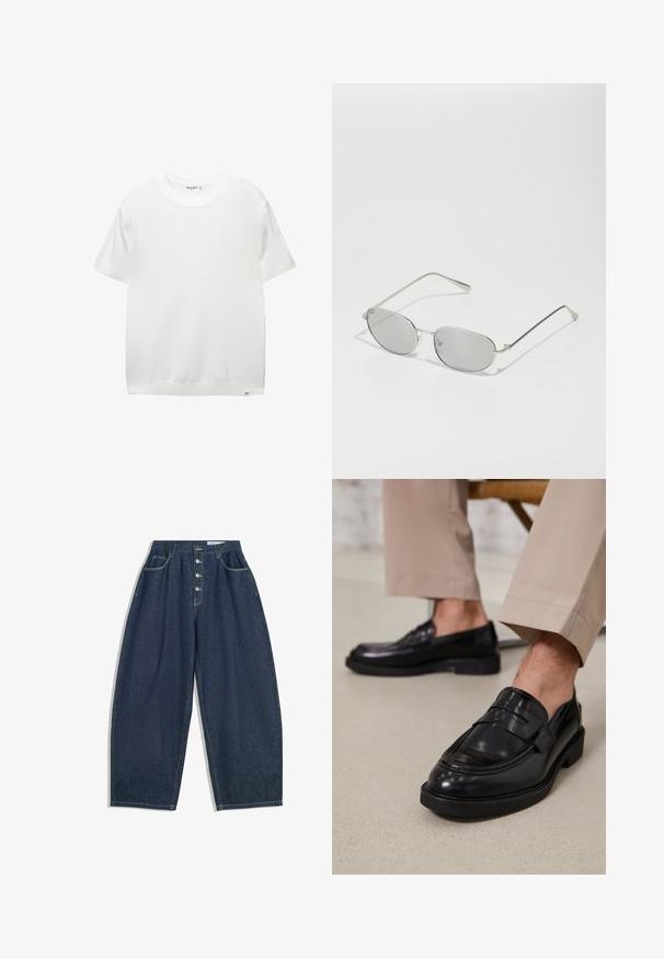 Valkoinen lyhythihainen t-paita, jossa on pyöreä kaula-aukko, pehmeä rakenne, suora helma ja pieni brändilappu vasemmassa alareunassa.; Tummansiniset farkkuliivihousut, joissa on korkea vyötärö, viiden napin sulkumekanismi ja viisi taskua. Housuissa on ompeluaksentteja saumoissa.; Musta nahkakengät, joissa on sileä pinta, koristetasku ja kontrastisomistus, yhdistettynä vaaleanbeigeihin housuihin.; Hopeiset metalliset aurinkolasit, joissa on soikeat harmaat linssit, kapeat sangan osat ja minimalistinen muotoilu. Linssit omaavat hienovaraisen heijastavan laadun.; Mustat ja valkoiset bandanat, joissa on paisley-kuvio, valmistettu kevyestä kankaasta ja joissa on solmittavat päät säädettävää tyyliä varten.