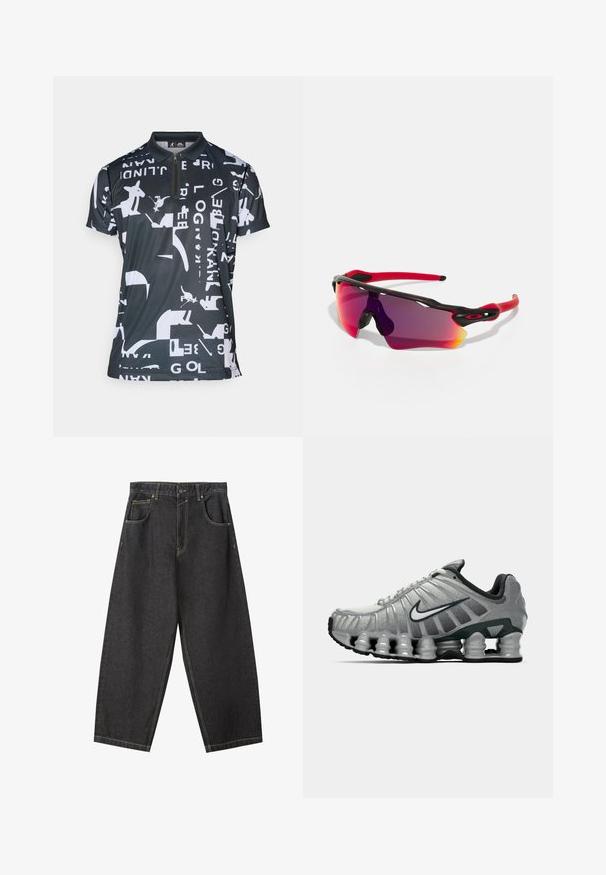Černé polo tričko s geometrickým bílým vzorem, zipovým límečkem, krátkými rukávy a sportovní, lehkou texturou látky.; Černé široké džíny z denimu s žlutým prošíváním, designem s pěti kapsami a středně vysokým pasem. Texturovaná tkanina s hladkým povrchem.; Šedá a černá běžecká obuv Nike s viditelným odpružením podobným pružině pod podrážkou a bílým logem swoosh na boku.; Oakley RADAR PATH UNISEX - Sluneční brýle - 100t matte black