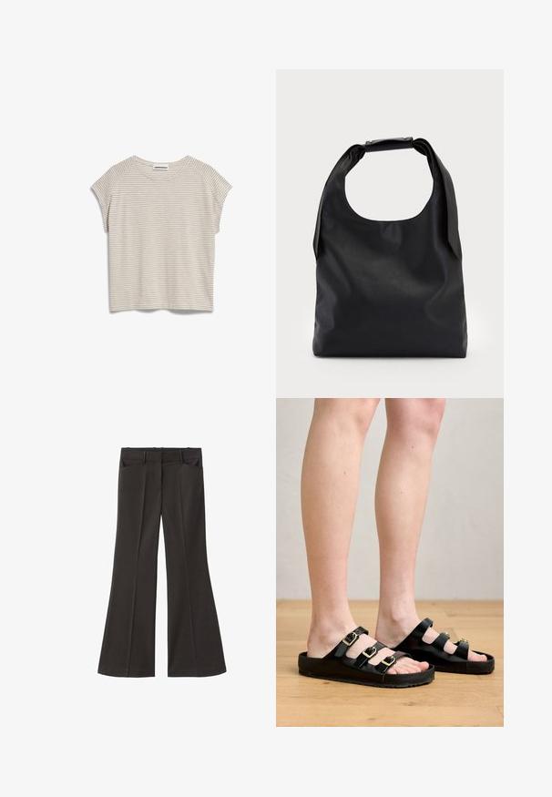 ARMEDANGELS OFELIAA LOVELY STRIPES - Camiseta estampada - sand stone oatmilk; Pantalones de campana negros con cintura alta; cuentan con dos bolsillos frontales y una textura de tela suave. Adecuados para diversas ocasiones.; Sandalias negras hechas de material suave, con tres correas ajustables con hebillas doradas y una suela plana con agarre texturizado.; Bolso hobo de cuero negro con un solo asa suave y redondeada; presenta una textura lisa y un diseño minimalista. Sin hardware visible ni acentos.