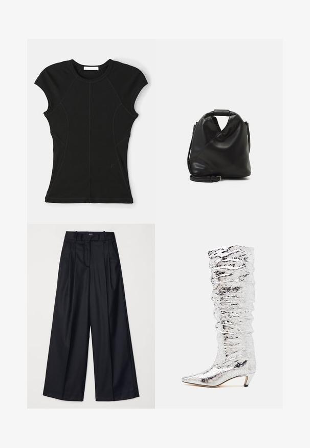 Sort kortærmet top lavet af et strækbart stof, med buede sømme og en rund halsudskæring. Inkluderer diskret logo detaljer nær kanten.; Sorte breddebenede bukser lavet af glat stof, med høj talje, læg og skræddersyet design. Enkel sort hardware i talje.; Sølv knæhøje støvler med krøllet tekstur, spids tå og lav hæl. Fremstillet af skinnende materiale med en reflekterende overflade.; Sort, blødt lædertaske med et unikt snoet design. Har et kort håndtag og en aftagelig skulderrem. Minimalistisk stil.