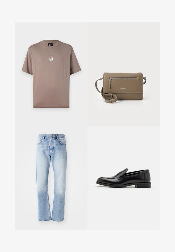 Brown cotton t-shirt with a crew neck, short sleeves, and a white logo print "A|X" on the chest. Smooth texture, minimalistic design.; Light blue denim jeans with a straight-leg cut. Features a five-pocket design, button fly, and faded texture towards the bottom.; Black leather loafers with a smooth texture, rounded toe, and a decorative strap across the vamp. Low stacked heel, minimalist design.; Taupe leather crossbody bag with a zippered front pocket, adjustable strap, pebble texture, and embossed logo on the front.