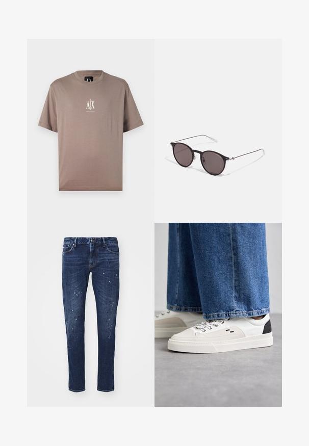 Brūns kokvilnas T-krekls ar apaļu kaklu, īsām piedurknēm un baltu logo apdruku "A|X" uz krūtīm. Gluda tekstūra, minimālistisks dizains.; Tumši zilo denima džinsi ar šauru piegriezumu, kas rotāti ar krāsas traipiem, redzamām šuvēm un standarta piecu kabatu dizainu. Taisnas kājas piegriezums.; Balti un melni apavi ar gludu ādas virsu, teksturētiem akcentiem un masīvu baltu zoli. Iespējojot klasisku šņorējamu dizainu.; Melni apaļi saulesbrilles ar tumšiem lēca un plānām metāla stangām. Iekļautas caurspīdīgas tempļu galviņas un sudraba akcenti pie eņģes. Minimalistisks dizains.