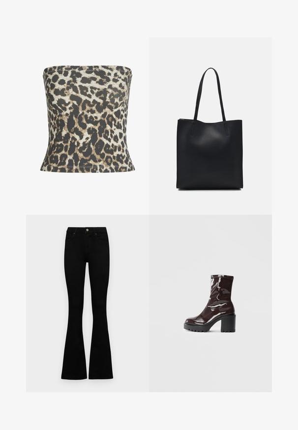 Leopard print strapless top made of ribbed fabric, featuring a mix of black, tan, and cream colors with a fitted design and hemmed edges.; Black high-waist jeans with a button and zip closure, front pockets, and flared legs laid flat on a white background.; Glossy burgundy ankle boot with a chunky black heel, featuring a smooth texture and simple design. No visible fastenings or patterns.; Black leather tote bag with smooth texture, rectangular shape, and two long handles. No visible hardware or embellishments.