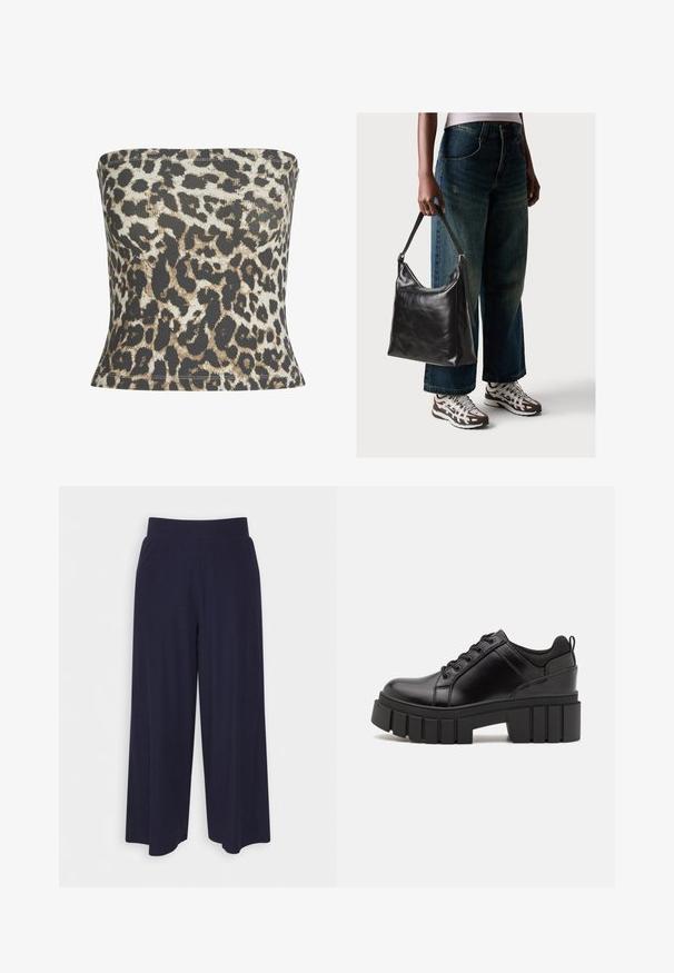 Leopárd mintás, pánt nélküli felső bordázott anyagból, fekete, barna és krémszínű árnyalatok keverékével, testhez simuló fazonnal és lekerekített széllel.; Sötét kék anyagból készült, széles lábú nadrág, bordás textúrával. Simább derékrésszel és laza szabással rendelkezik, a vádli közepéig ér.; Fekete bőr platform cipők vaskos blokk sarkakkal, kerek orral és hagyományos fűzős kialakítással. Simára csiszolt felület és minimális részletezés jellemzi.; Fekete bőr válltáska sima textúrával és állítható pánttal, melyet elnyűtt, bő szárú farmernadrággal és sportcipőkkel párosítottak.