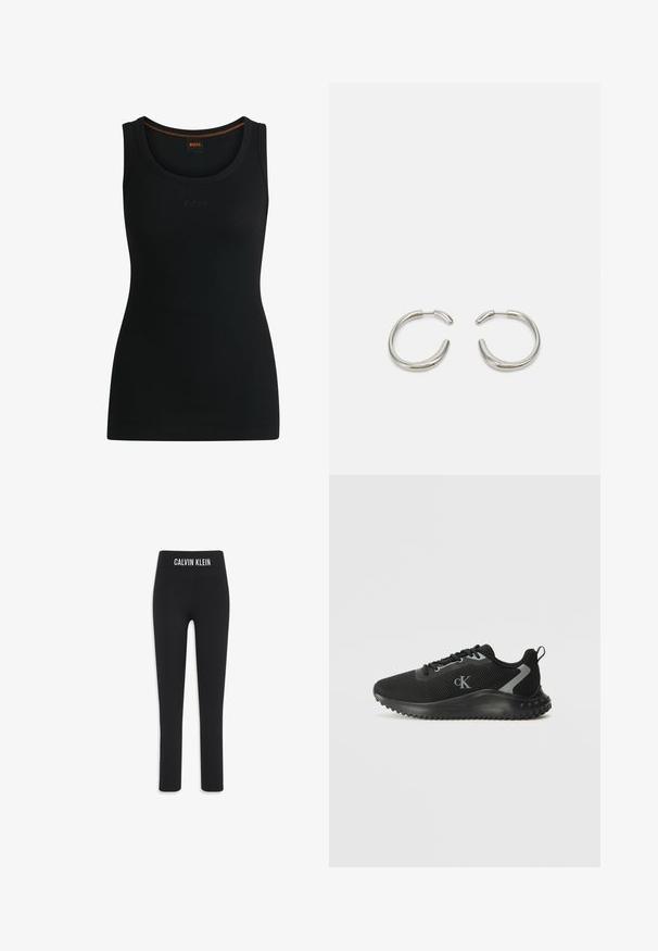 Svart ribbad linne med rundad halsringning och präglad "BOSS"-logotyp. Har kontrasterande orange sömmar vid halsen. Mjuk tygtextur.; Svarta leggings i stretchmaterial, med bred midjeband som har "CALVIN KLEIN"-logotyp, slim fit och ankellång design.; Svart låg sneaker för atletisk användning med andningsbar mesh, snörningsdesign, texturerad sula och "cK"-logotyp på sidan.; Silver ringörhängen med en slät, rund design och en elegant, polerad yta. Har en minimalistisk form med en liten öppning.