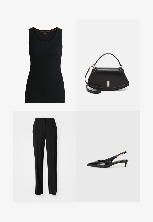 Czarna, prążkowana koszulka na ramiączkach z okrągłym dekoltem i wytłoczonym logo "BOSS". Posiada kontrastowe pomarańczowe przeszycia przy dekolcie. Miękka tekstura materiału.; Czarne spodnie o dopasowanym kroju z prostymi nogawkami, o gładkiej fakturze i wyraźnych zagięciach z przodu. Bez widocznych elementów metalowych.; Czarne skórzane szpilki typu slingback z ostrym noskiem, posiadające smukły obcas i złoty akcent na regulowanym pasku. Gładka tekstura.; Czarna skórzana torebka o strukturalnym designie, z przyciętą formą, górnym uchwytem i złotymi akcentami. W zestawie regulowany pasek na ramię.
