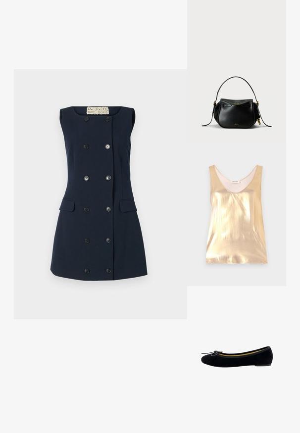 Metallic gold sleeveless top with a deep scoop neckline. Smooth texture, fitted design, and a soft inner lining.; Navy sleeveless dress with a fitted shape, double-breasted button closure, two front pockets, and a flat collar for a structured silhouette.; Black velvet ballet flats featuring a round toe, a small bow accent on the front, and a contrasting yellow interior lining.; Black leather handbag with a rounded shape, a single top handle, and gold hardware accents. Features a zip closure and subtle branding detail.
