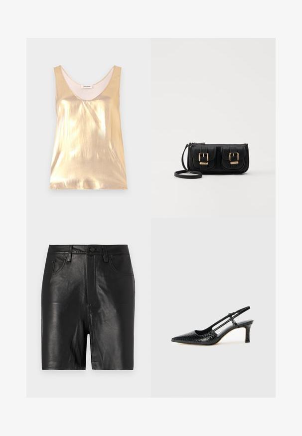 Top senza maniche di colore oro metallizzato con un profondo scollo a cappuccio. Texture liscia, design aderente e morbida fodera interna.; Pantaloni corti in pelle nera con una trama liscia, dotati di zip frontale, chiusura a bottone e classico design a cinque tasche.; Slingback con tacco in vernice nera con punta affusolata, caratterizzato da una stampa a serpente testurizzata, cinturino regolabile e un tacco corto e testurizzato.; Borsa a tracolla nera in pelle con due tasche frontali, fibbie dorate, chiusura con zip e una tracolla sottile. Superficie texturizzata e forma rettangolare compatta.