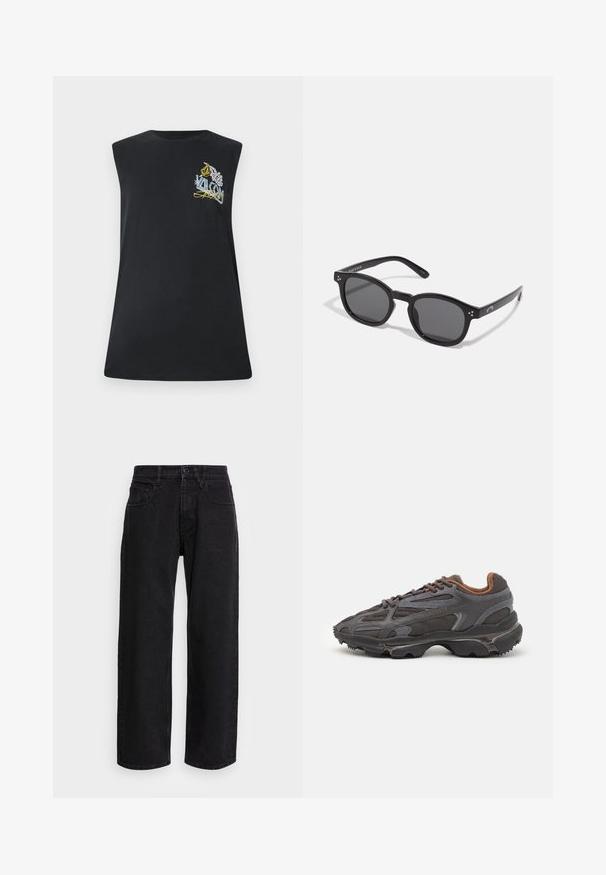 Juoda be rankovių medvilninė marškinėlė, papuošta spalvinga siuvinėta grafika krūtinėje. Tiesus kirpimas su apvaliu iškirpimu.; Juodi džinsiniai kelnės su plačiais šonais ir aukštu liemeniu, turinčios penkias kišenes ir mygtukų užsegimą. Audinys yra glotnus ir šiek tiek elastingas.; Lacoste sportbačiai tamsiai pilki, pagaminti iš tinklinės ir sintetinių medžiagų, su tekstūruotu padu ir rudomis detalėmis ant apykaklės bei prekės ženklo.; Juodos ovalios saulės akinius su tamsiais lęšiais, storais rėmeliais ir sidabriniais taškų akcentais šonuose. Sklandus plastikinis paviršius, šiuolaikinis dizainas.