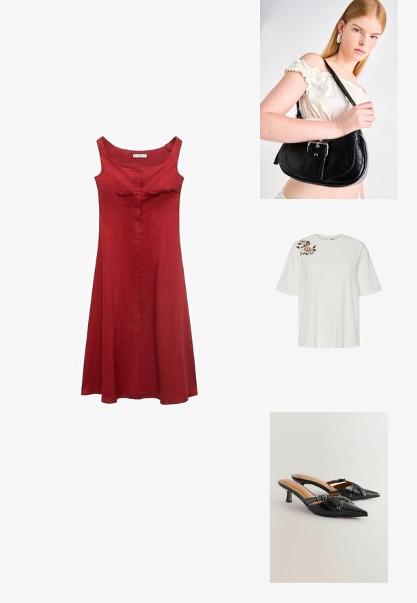 Camiseta de algodón blanca con corte holgado, con colorido bordado de flores en rosa, naranja y verde en el hombro izquierdo. Mangas cortas.; Vestido sin mangas rojo con un torso ajustado, escote redondo y parte delantera abotonada. Hecho de una tela suave, tiene una falda acampanada.; Tacones slingback de cuero negro con punta afilada, que presentan correas decorativas y acentos de ojales, sobre un tacón de aguja moderado. Textura suave.; Bolso de hombro de cuero negro con forma curvada, herrajes de plata pulida y una etiqueta desmontable. Textura suave con sutiles detalles de costura.