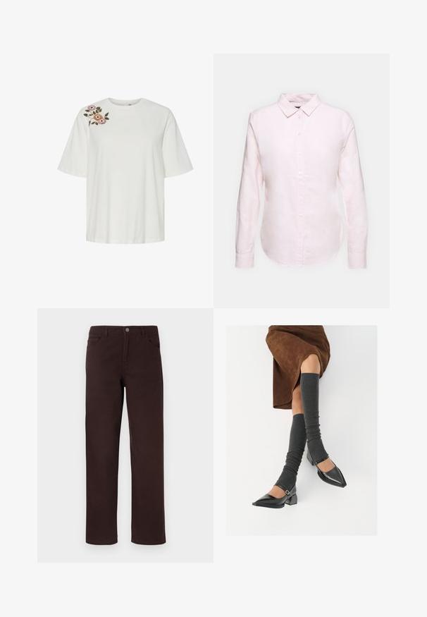 Biela bavlnená tričko s voľným strihom, s farebnou kvetinovou výšivkou v ružovej, oranžovej a zelenej farbe na ľavom pleci. Krátke rukávy.; Svetloružová košeľa s dlhým rukávom a golierom na gombíky, s rovno strihaným lemom a jemnou textúrou, vyrobená z ľahkej bavlnenej látky.; Hnedé bavlnené nohavice so strihom rovného nohavice, dvoma prednými vreckami a gombíkovým zapínaním na páse. Hladká textúra bez viditeľných vzorov.; Čierne lakované kožené topánky s špicatou špičkou, blokovým podpätkom a členkovým remienkom, ktoré sú kombinované so šedými rebrovanými legínami a hnedou zamšovou sukňou.