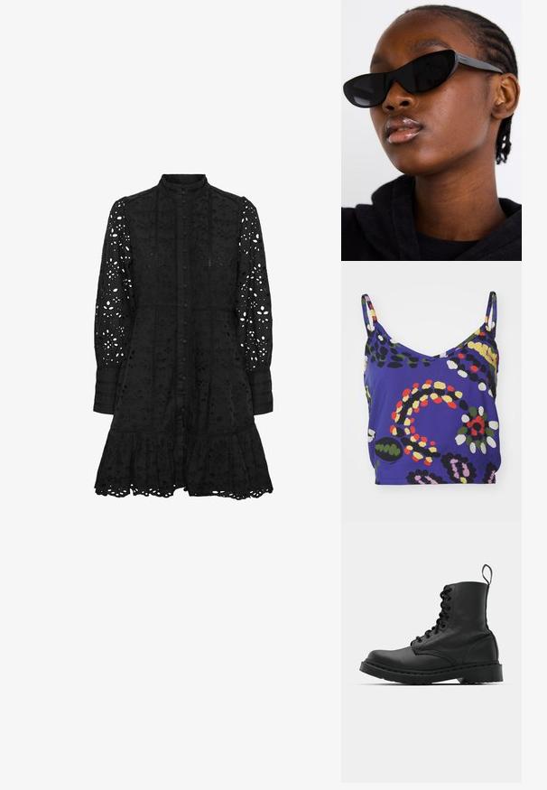 Drosmīgs purpursarkans bezdelīgas tops ar V veida kaklu, rotāts ar abstraktiem rakstiem zaļā, dzeltenā, sarkanā, melnā un baltā krāsā. Gluda auduma apdare.; Melna izšūta kleita ar augstu apkakli, pogu priekšējo daļu, garām piedurknēm un viļņotu apakšmalu. Satur izgriezumus ar ziedu un ģeometriskām rakstām.; Melnas ādas kaujas zābaki ar apaļu purngalu, auklām priekšā un cilpu potītes daļā. Iespējojums ir biezs gumijas zolei, kas nodrošina izturību.; Melnas kaķa acs saulesbrilles ar matētu apdari, kas izceļas ar elegantu dizainu un maigi izliektiem stūriem, fona attēlā ir modelis ar tumšām drēbēm.; Sudraba riņķveida auss gredzeni ar gludu, pulētu apdari. Apaļa forma un drošs klikšķa augšējais slēgums. Viegls dizains, kas piemērots ikdienas valkāšanai.